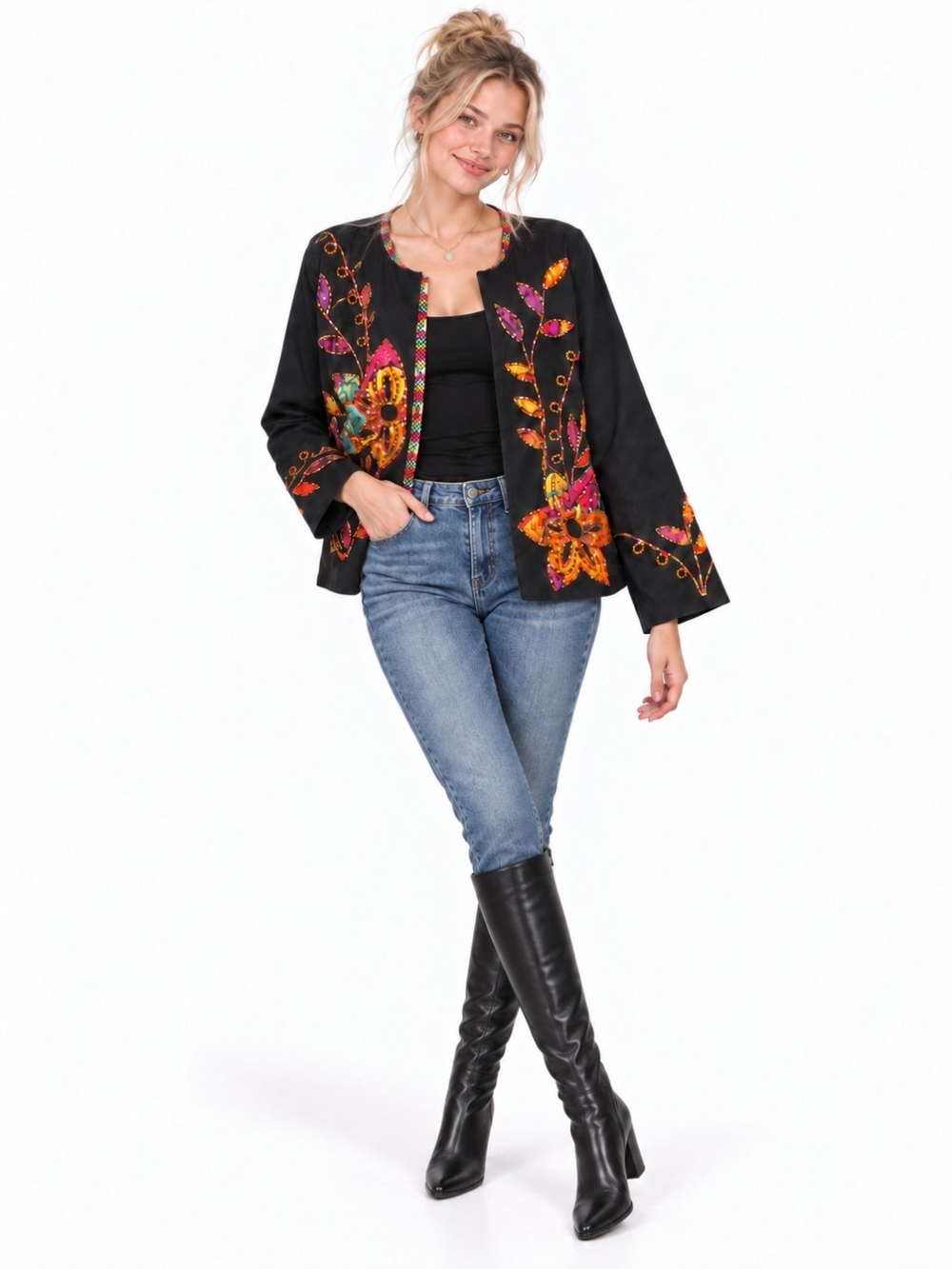 Choices Black Open-Front Embroidered Floral Jacket Size M